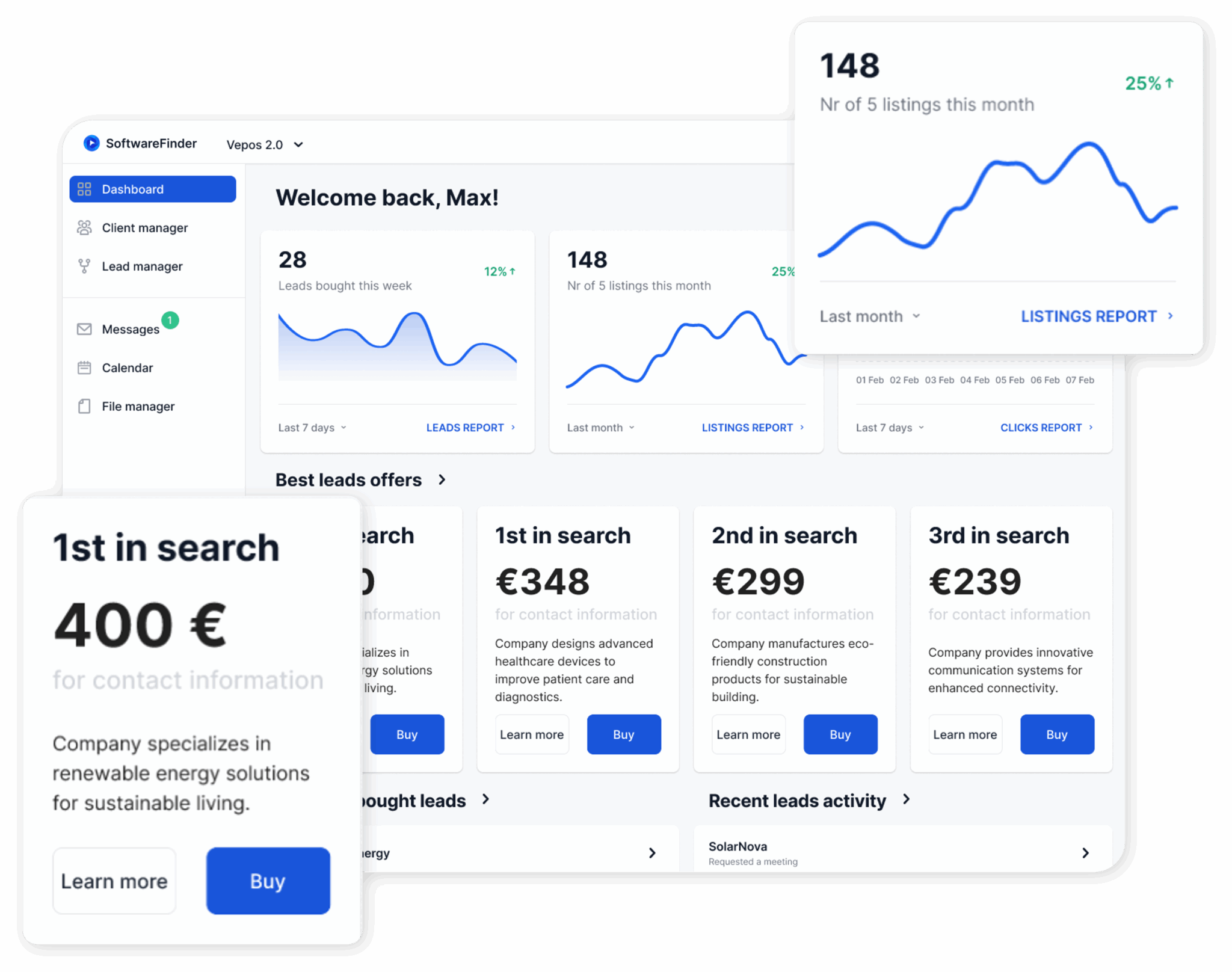 Dashboard-Ansicht: Sales Leads auswählen und kaufen