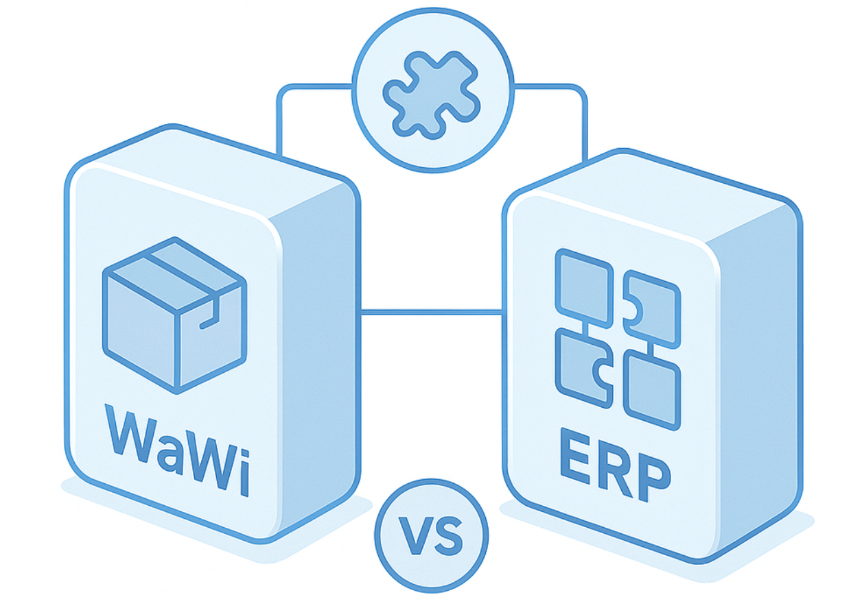 WaWi vs. ERP verständlich erklärt: Unterschiede, Praxisbeispiele & Entscheidungshilfe für KMU – inkl. Integrationen, E-Rechnung etc.
