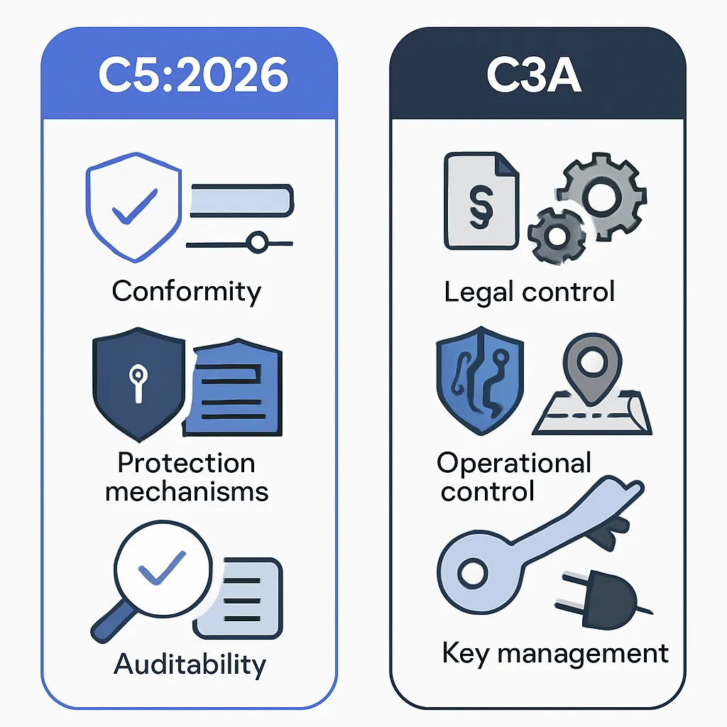 Vergleich BSI C5:2026 und C3A: Konformität, Schutzmechanismen und Prüfbarkeit gegenüber rechtlicher Kontrolle, operativer Kontrolle und Schlüsselmanagement